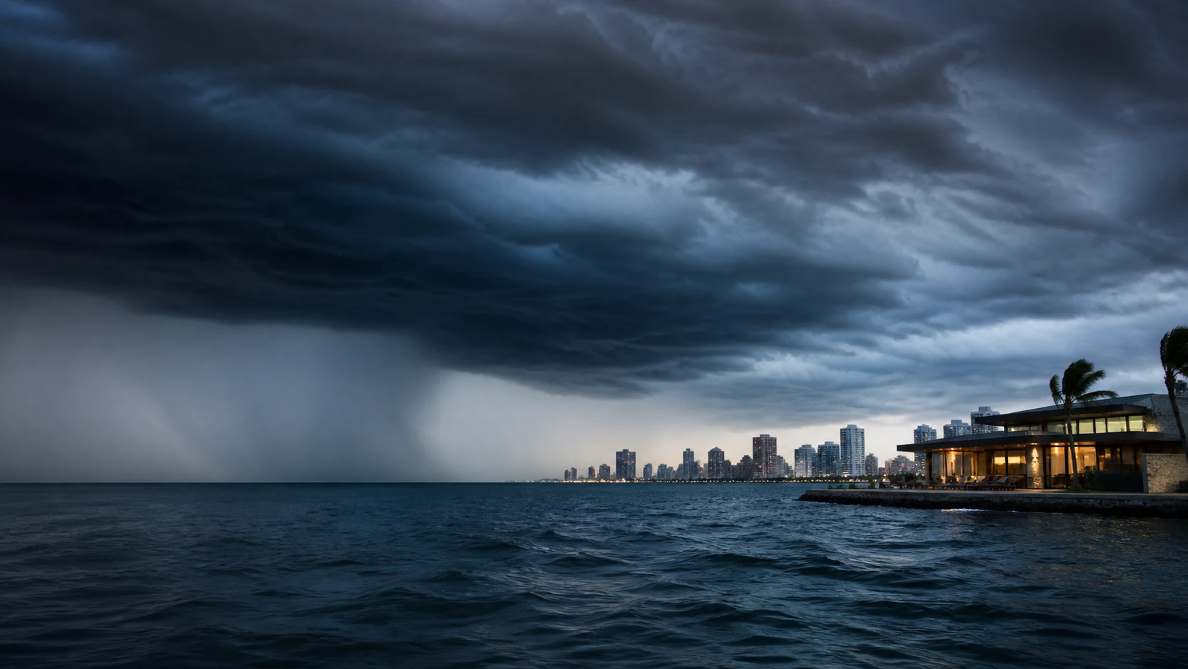 Rain moving across the water toward a coastal business district